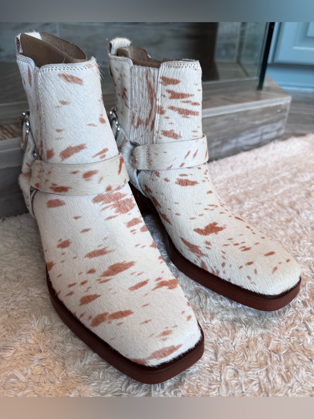 Sam Edelman Cream and Brown Spotted Ankle Booties with Buckle - Picture 2 of 4